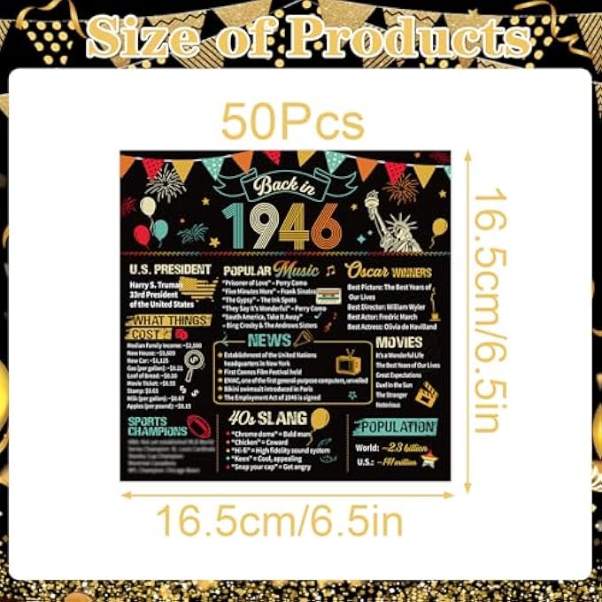 PACK OF 50 NAPKINS 80TH BIRTHDAY MAN WOMAN DECORATION 80TH BIRTHDAY NAPKINS BLACK GOLD FOR MEN AND WOMEN 1946 PAPER HANDKERCHIEFS HANDKERCHIEFS PARTY DECORATION - Image 2